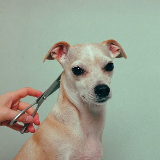 Scissors trimming a small dog's coat